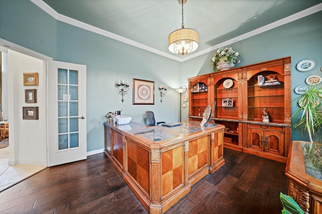 office with a notable chandelier, ornamental molding, dark wood-type flooring, and french doors