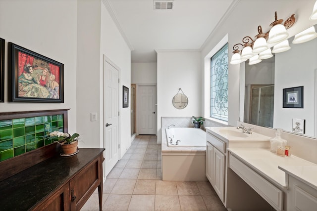 bathroom featuring shower with separate bathtub, vanity, tile patterned floors, and ornamental molding