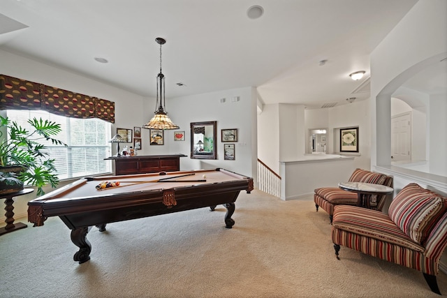 recreation room with light carpet and billiards