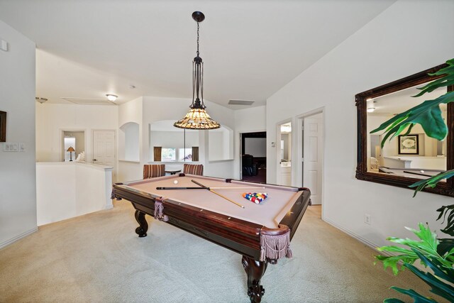 rec room featuring light colored carpet and billiards