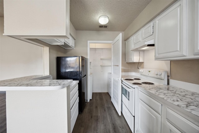 kitchen with white cabinets, black fridge, electric range, dark hardwood / wood-style floors, and a textured ceiling