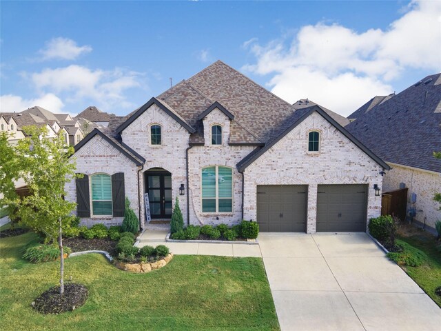 french country style house featuring a garage and a front lawn