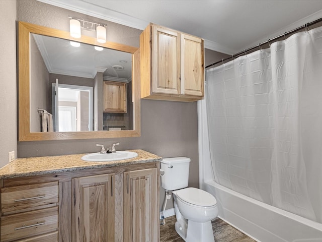 full bathroom featuring vanity, ornamental molding, toilet, and shower / bathtub combination with curtain