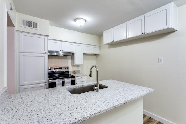 kitchen featuring stainless steel range with electric cooktop, sink, decorative backsplash, light stone countertops, and white cabinetry