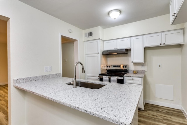 kitchen featuring white cabinetry, sink, backsplash, electric range, and kitchen peninsula