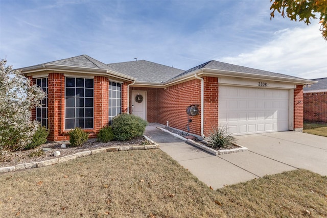 ranch-style house with a garage and a front lawn