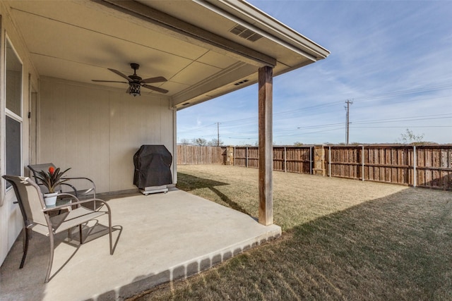 view of patio featuring ceiling fan and area for grilling