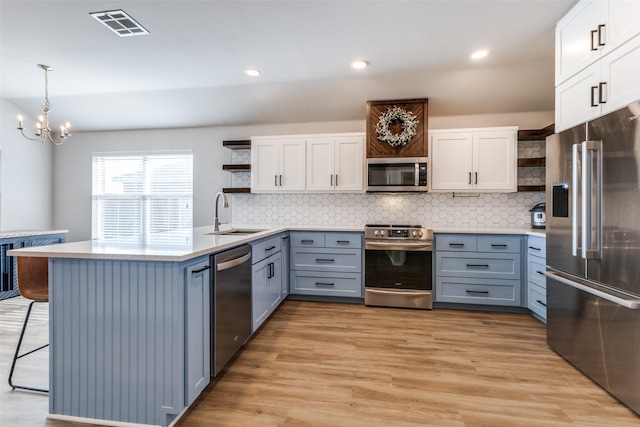 kitchen with a breakfast bar, sink, white cabinetry, pendant lighting, and stainless steel appliances