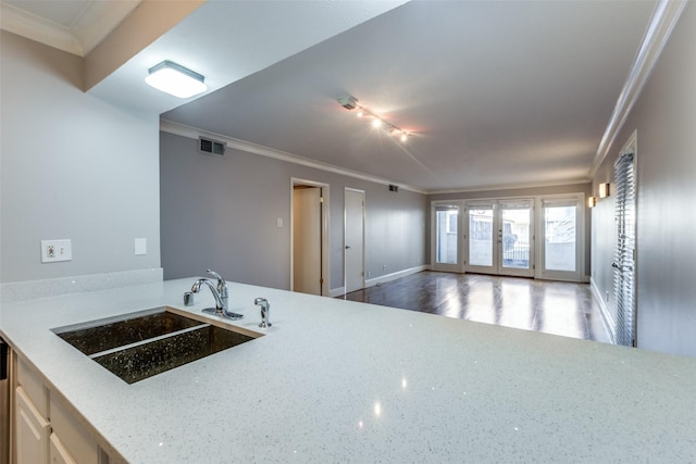 kitchen featuring light stone counters, sink, rail lighting, and ornamental molding