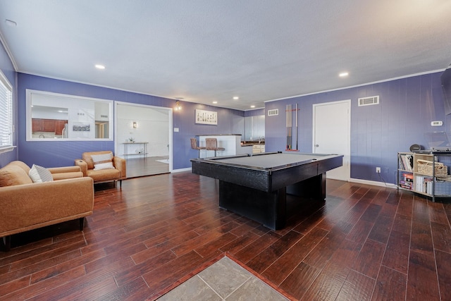 rec room featuring dark hardwood / wood-style floors and billiards