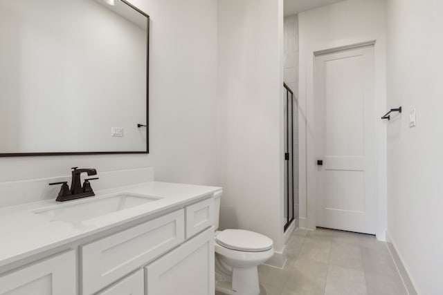 bathroom with tile patterned floors, walk in shower, vanity, and toilet