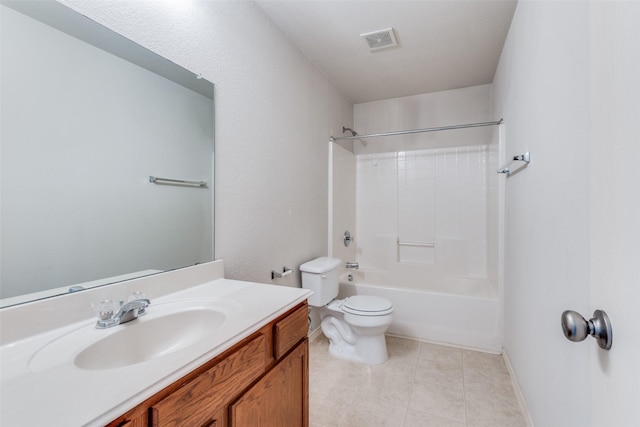 full bathroom with tile patterned floors, vanity, toilet, and washtub / shower combination