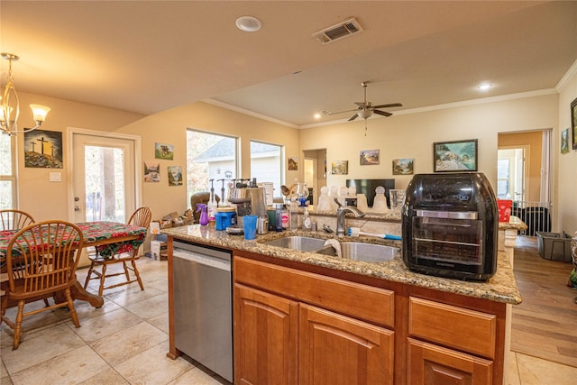 kitchen featuring sink, hanging light fixtures, stainless steel dishwasher, ceiling fan with notable chandelier, and ornamental molding