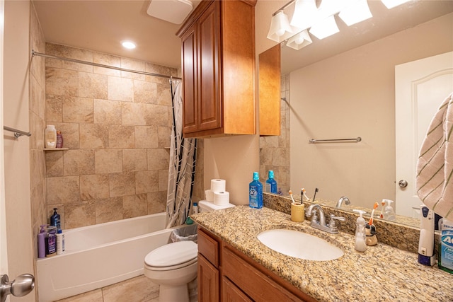 full bathroom featuring tile patterned floors, vanity, shower / tub combo, and toilet