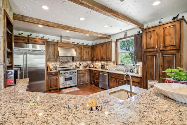 kitchen featuring decorative backsplash, ventilation hood, sink, beam ceiling, and high quality appliances