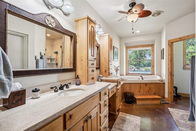 bathroom featuring concrete flooring, vanity, ceiling fan, and plus walk in shower