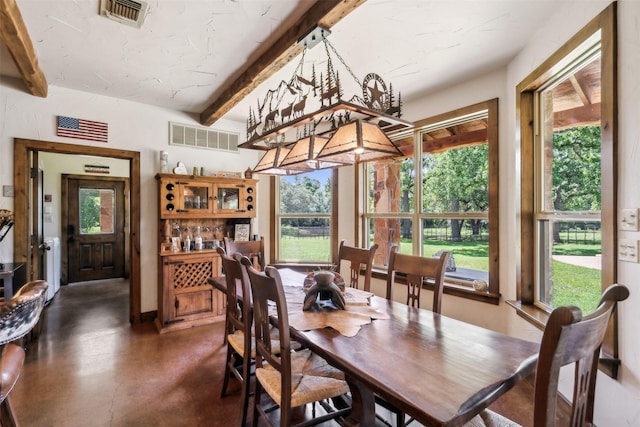 dining room with a healthy amount of sunlight and beam ceiling