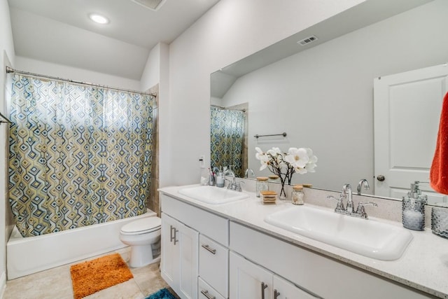 full bathroom featuring vanity, lofted ceiling, tile patterned floors, toilet, and shower / bathtub combination with curtain