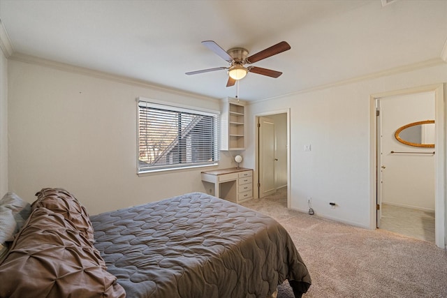 bedroom with ceiling fan, light colored carpet, and ornamental molding