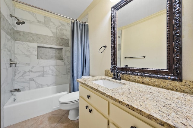 full bathroom with toilet, tile patterned flooring, shower / tub combo, and vanity