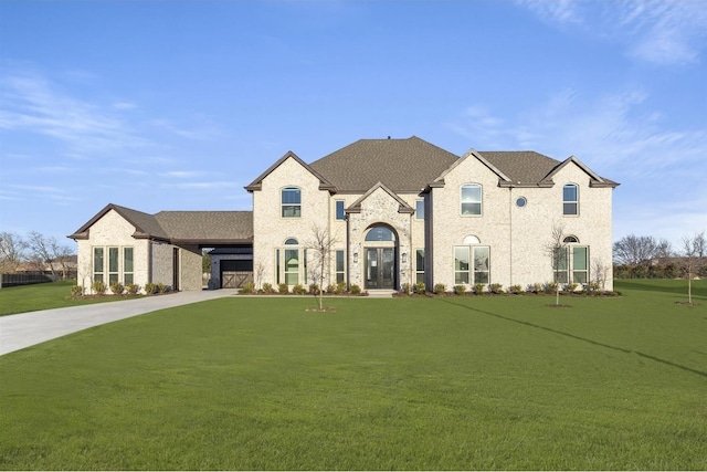 french provincial home with concrete driveway, a garage, and a front yard