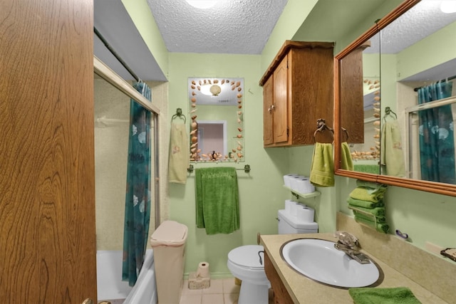 full bathroom with shower / bathtub combination with curtain, tile patterned floors, a textured ceiling, toilet, and vanity