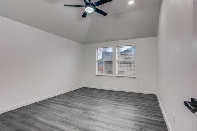 unfurnished room with ceiling fan, recessed lighting, wood finished floors, baseboards, and vaulted ceiling