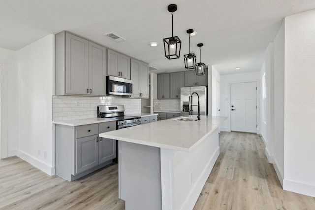 kitchen with visible vents, an island with sink, appliances with stainless steel finishes, light countertops, and a sink