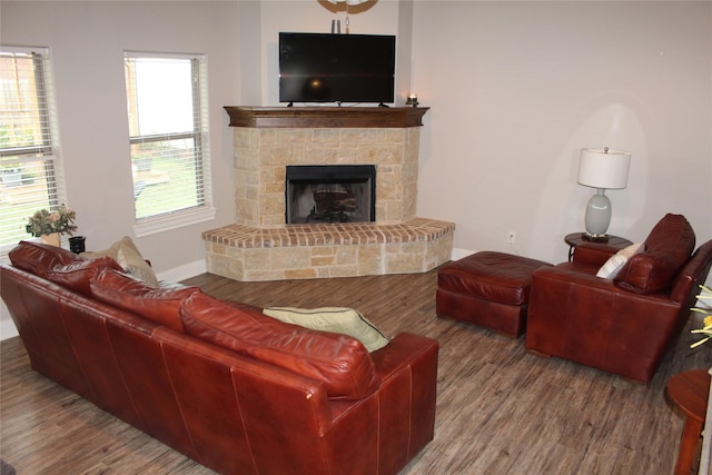 living room with a fireplace and hardwood / wood-style floors