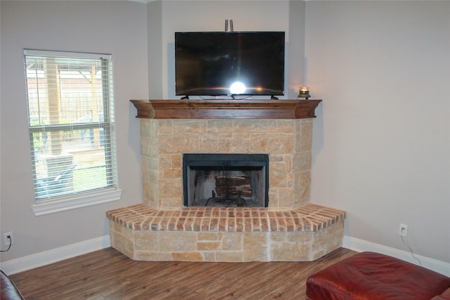 details featuring hardwood / wood-style floors and a fireplace