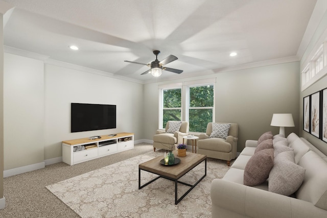 carpeted living room with ceiling fan and ornamental molding