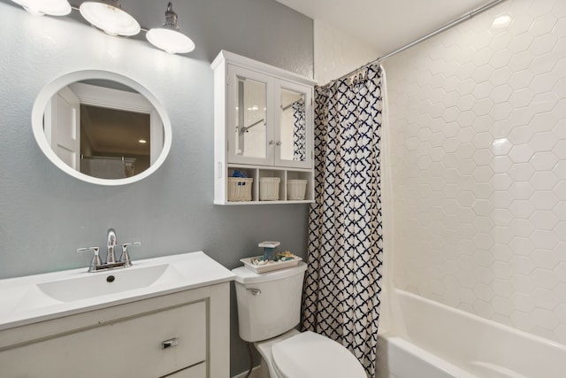 full bathroom featuring shower / bath combo, toilet, and vanity