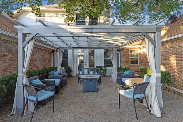 view of patio / terrace featuring an outdoor hangout area, a pergola, and french doors