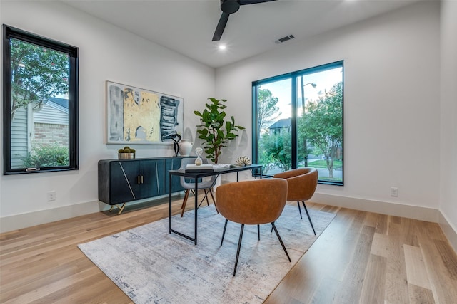 home office with light hardwood / wood-style flooring, plenty of natural light, and ceiling fan