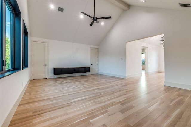 unfurnished living room with beamed ceiling, ceiling fan, light wood-type flooring, and high vaulted ceiling