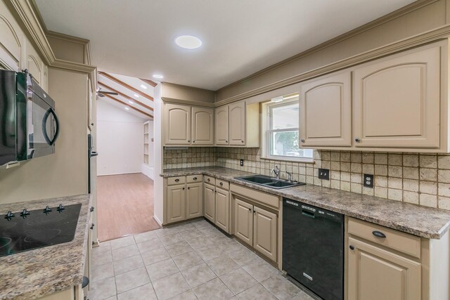 kitchen with sink, tasteful backsplash, cream cabinetry, light tile patterned floors, and black appliances