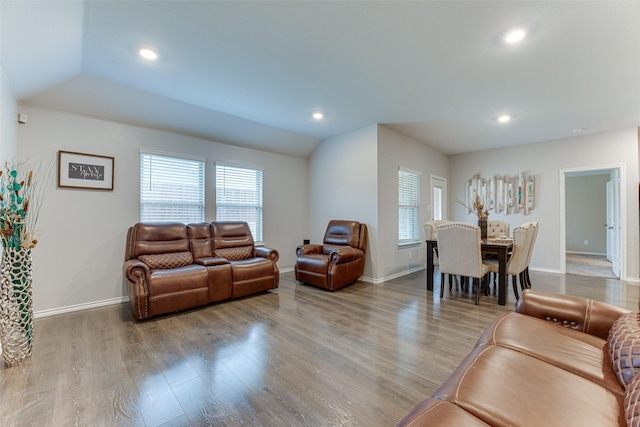 living room with light wood-type flooring and lofted ceiling