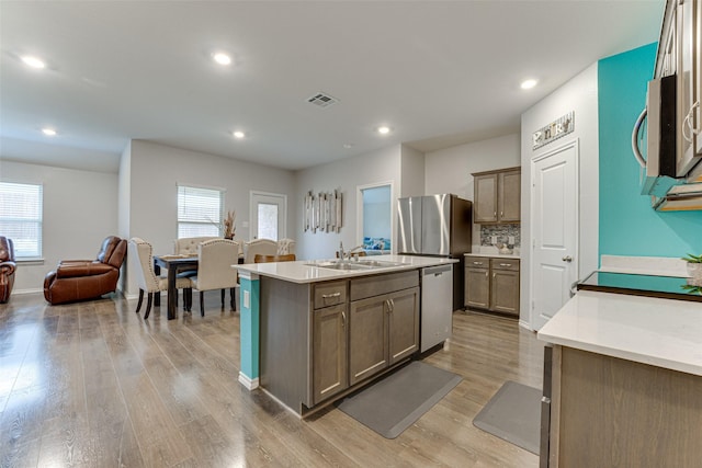 kitchen featuring stainless steel appliances, a center island with sink, a wealth of natural light, and sink