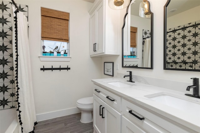 bathroom with vanity, toilet, and wood-type flooring