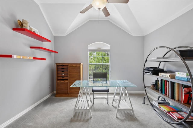 office area featuring carpet, vaulted ceiling, and ceiling fan