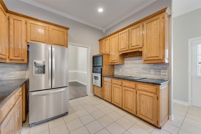 kitchen featuring backsplash, dark stone counters, light tile patterned flooring, black appliances, and ornamental molding