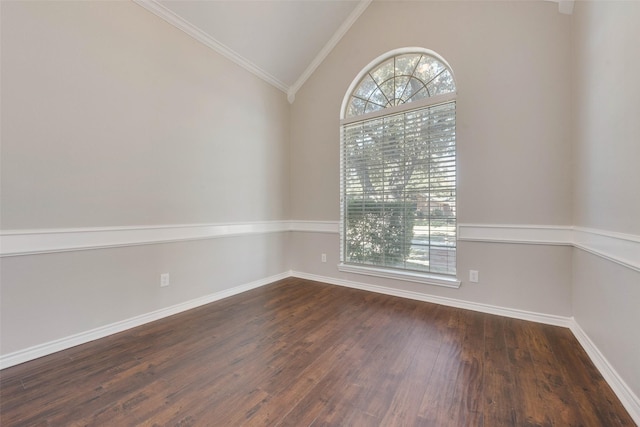 empty room with lofted ceiling, dark wood-type flooring, and crown molding