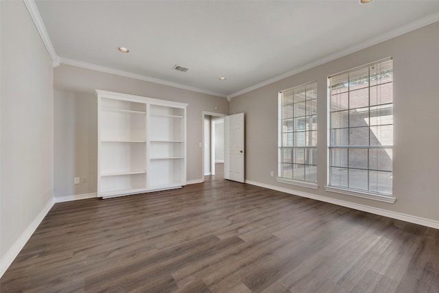 interior space featuring dark hardwood / wood-style flooring and ornamental molding