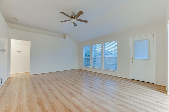 unfurnished living room featuring light hardwood / wood-style floors, ceiling fan, and lofted ceiling