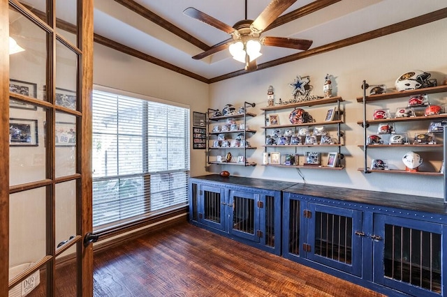 bar with dark hardwood / wood-style floors, ornamental molding, blue cabinetry, and ceiling fan