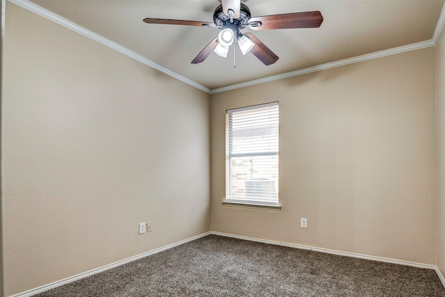 carpeted empty room with ceiling fan and crown molding