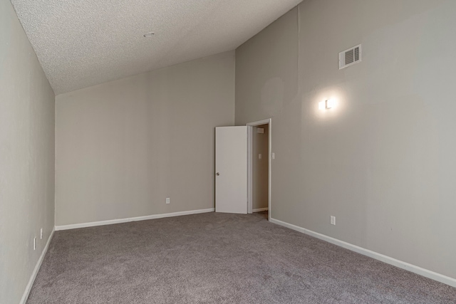 carpeted spare room featuring a textured ceiling and high vaulted ceiling