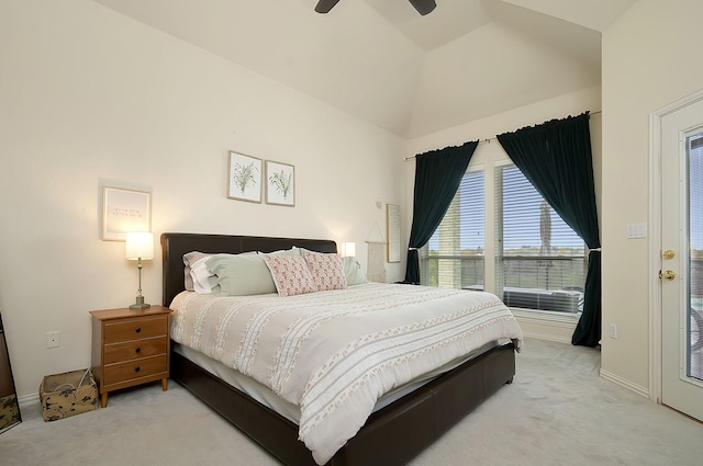 carpeted bedroom with lofted ceiling and ceiling fan