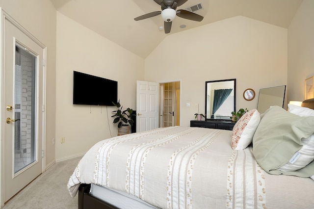 carpeted bedroom featuring ceiling fan and lofted ceiling