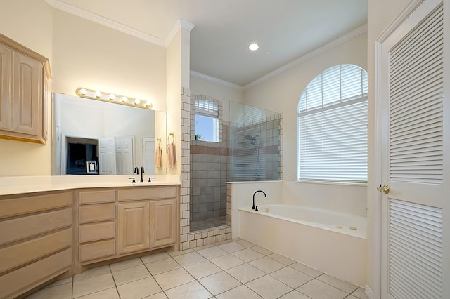 bathroom featuring crown molding, tile patterned floors, separate shower and tub, and plenty of natural light